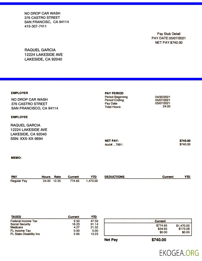 Fiche de paie NO DROP CAR WASH aux formats PDF et Word